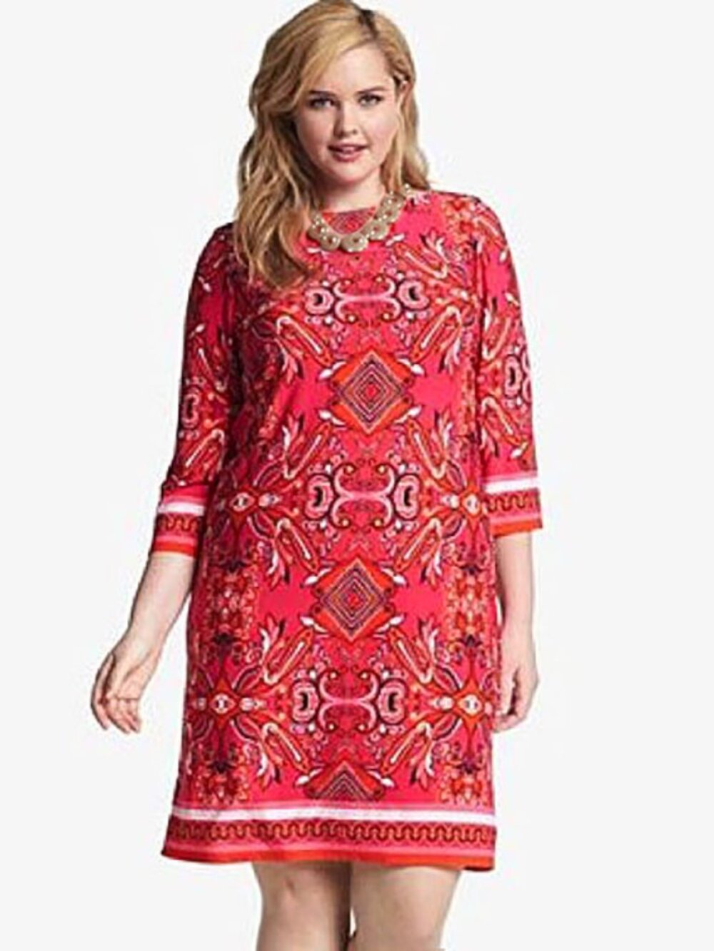Jessica Howard Red Pink Paisley Print Shift Dress Womens Size 14 3/4 Sleeve